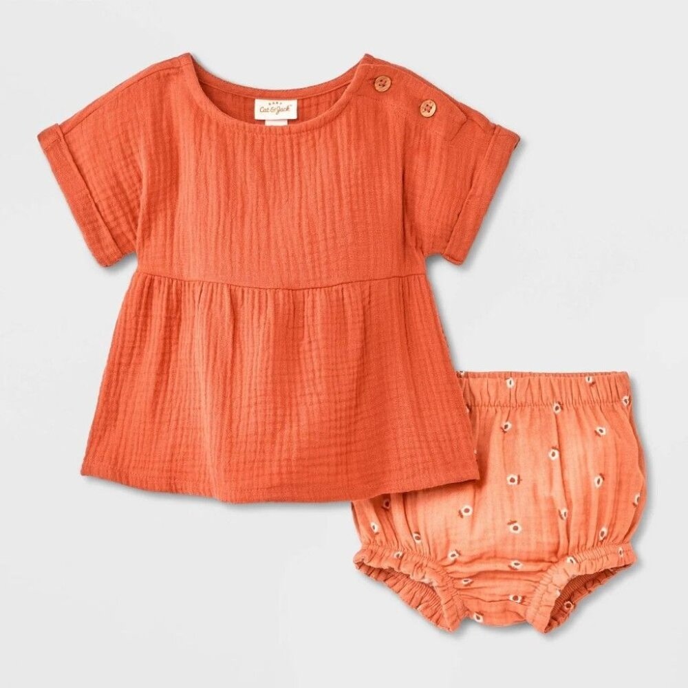 Baby Girls' 2pc Ruffle Sleeve Floral Gauze Shorts Set - Cat & Jack Rust 18M